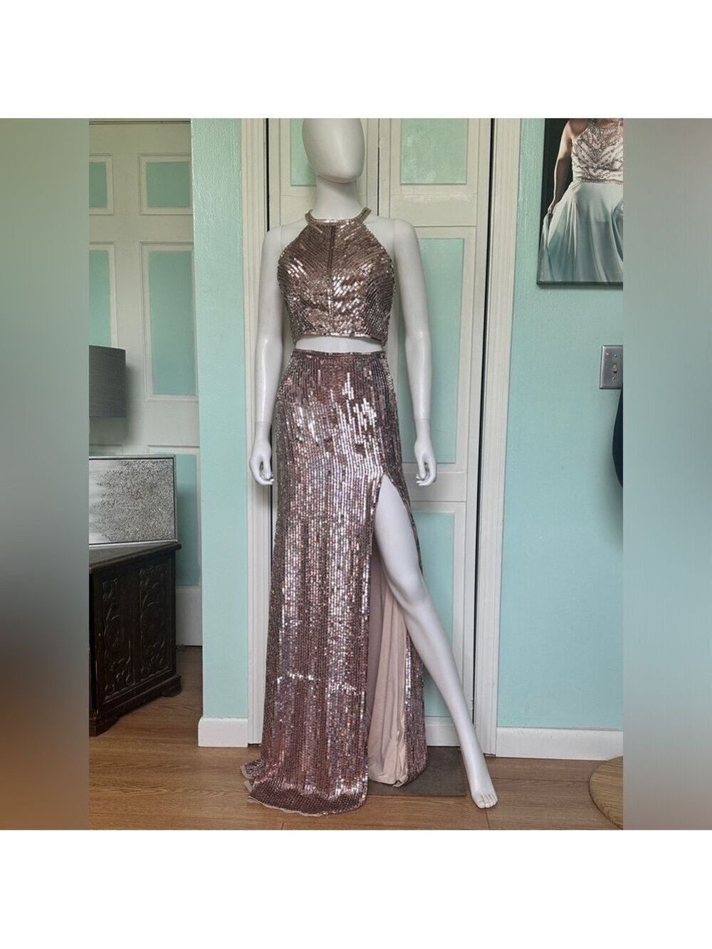 Size 6 Rose Gold Sherri Hill 51662 Sequin 2 pc gown prom dress pageant Leg Slit